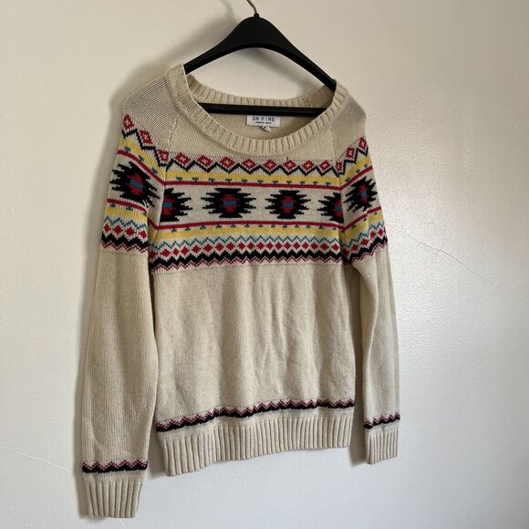 On Fire Women’s Round Neck Aztec Geometric Native Western Knit Sweater- Medium - Picture 2 of 8